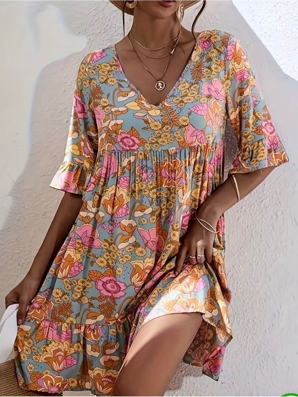 Floral V-Neck Swing Dress in Pink & Gold size L - Picture 2 of 3